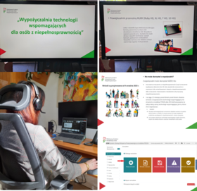 Kolaż przedstawiający kilka slajdów z prezentacji oraz w lewym dolnym rogu zdjęcie kobiety siedzącej przed komputerem, ze słuchawkami na uszach. 
